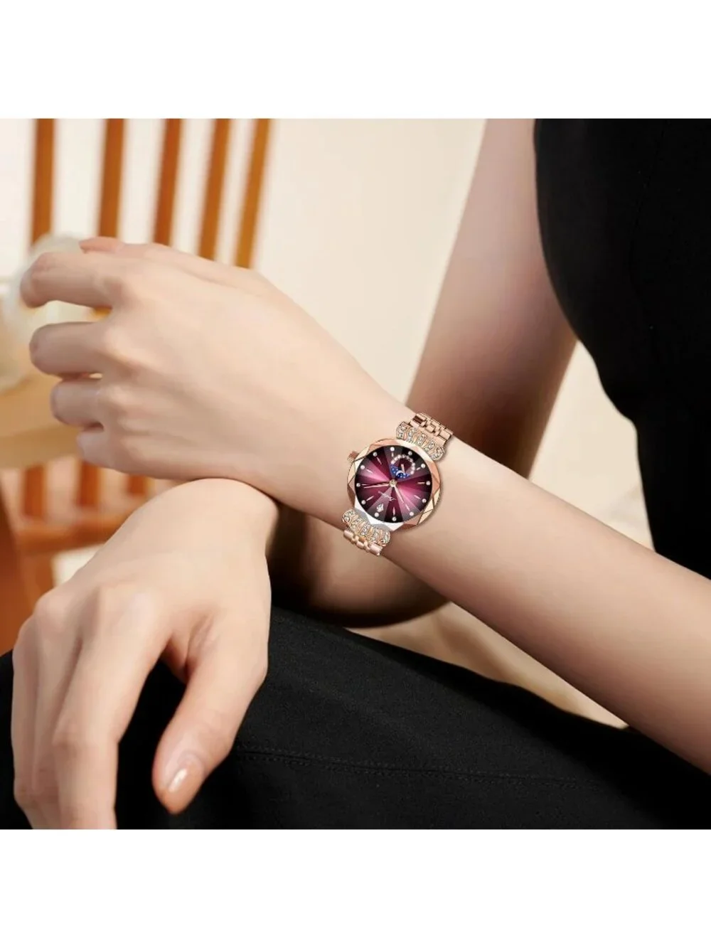 Women's Rose Red Steel Luxury Diamond Dial Stainless Steel Bracelet Wrist Watch